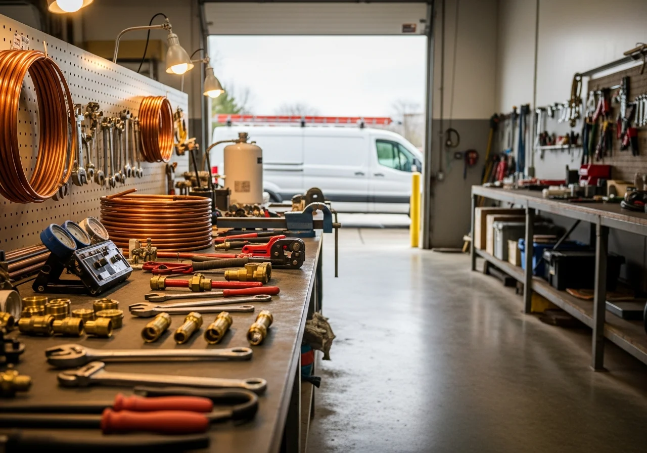 HVAC and plumbing tools and equipment ready for service calls; professional contractor workspace.