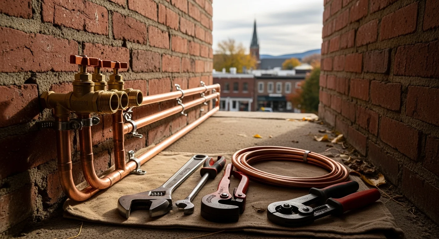 Professional crew working on a residential property in Manchester, NH, with historic downtown buildings visible in the background.