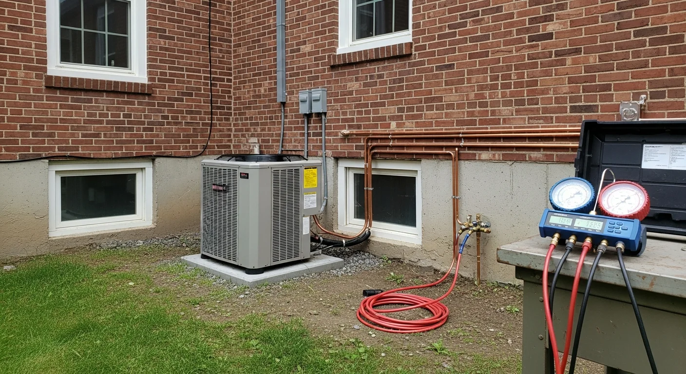 A newly installed ductless mini-split indoor unit mounted on the wall of a Manchester, NH home with an older colonial-style interior. The outdoor condenser unit sits on a pad beside the home's foundation with refrigerant lines running neatly along the exterior wall.