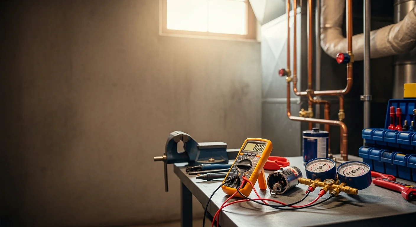 A DoneRight HVAC technician inspecting an outdoor central air conditioning condenser unit at a residential home in Manchester, NH. The technician uses diagnostic equipment to check system pressure on a warm summer day.
