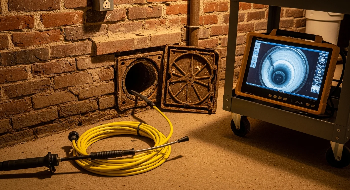 A DoneRight plumber feeding a drain snake into a floor drain cleanout inside an older Manchester, NH home. The pipe opening shows visible scale buildup typical of aging cast iron drain lines.
