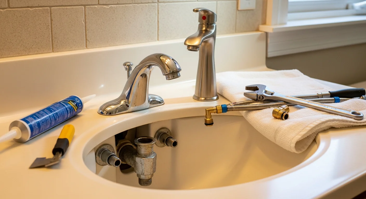 A licensed DoneRight plumber installing a new kitchen faucet in a Manchester, NH home, with supply line connections visible beneath the sink. The finished fixture sits flush against a standard residential sink deck in a single-family home.