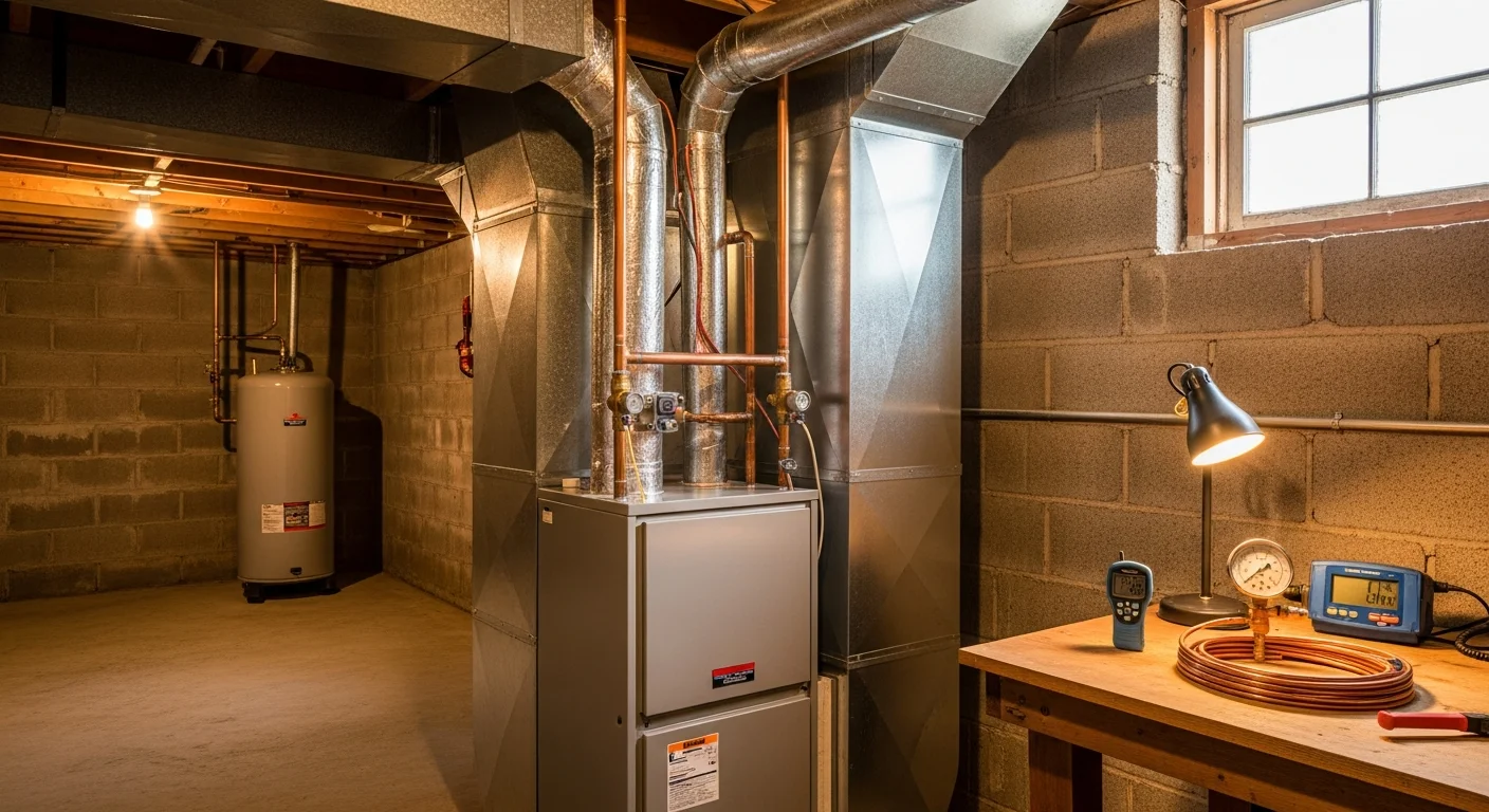 A newly installed residential heating system in a Manchester, NH home utility room, showing clean piping connections and a modern furnace unit. The installation reflects work suited to a New England home with a long winter heating season.