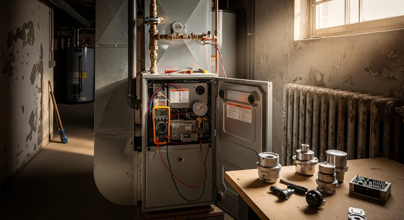 A DoneRight HVAC technician inspecting a gas furnace in the basement of a Manchester, NH home. The technician is checking the heat exchanger and burner assembly on an older residential heating system.