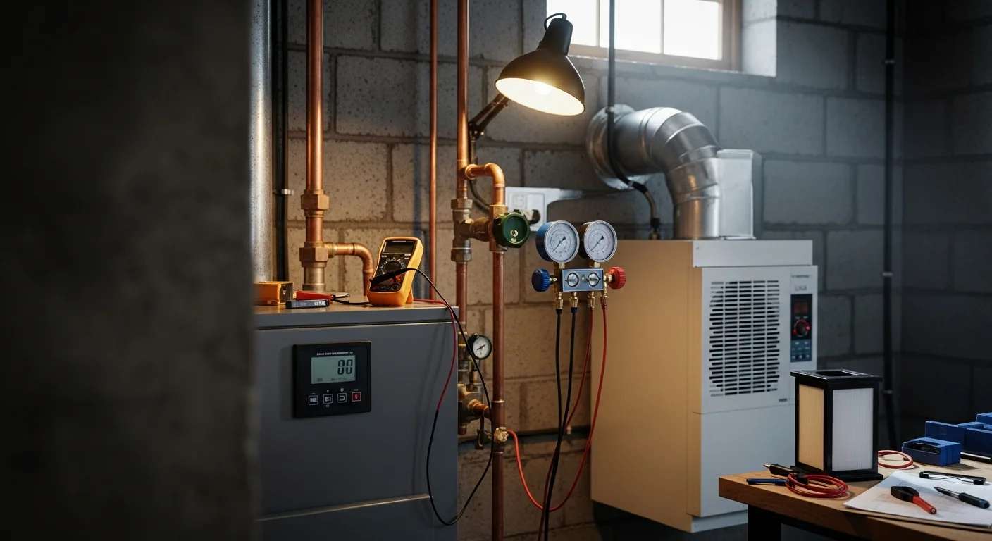 A DoneRight HVAC technician inspecting a residential furnace unit inside a Manchester, NH home during a routine maintenance visit. The technician checks internal components with a flashlight while a clean filter rests nearby on the floor.
