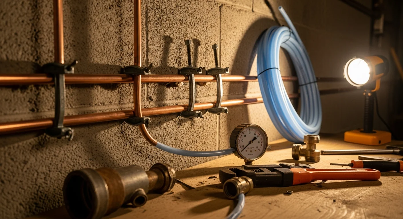 A licensed DoneRight plumber connecting new water supply lines under a kitchen sink in a Manchester, NH home. Finished copper and PEX fittings are visible with clean, code-compliant routing along the cabinet interior.