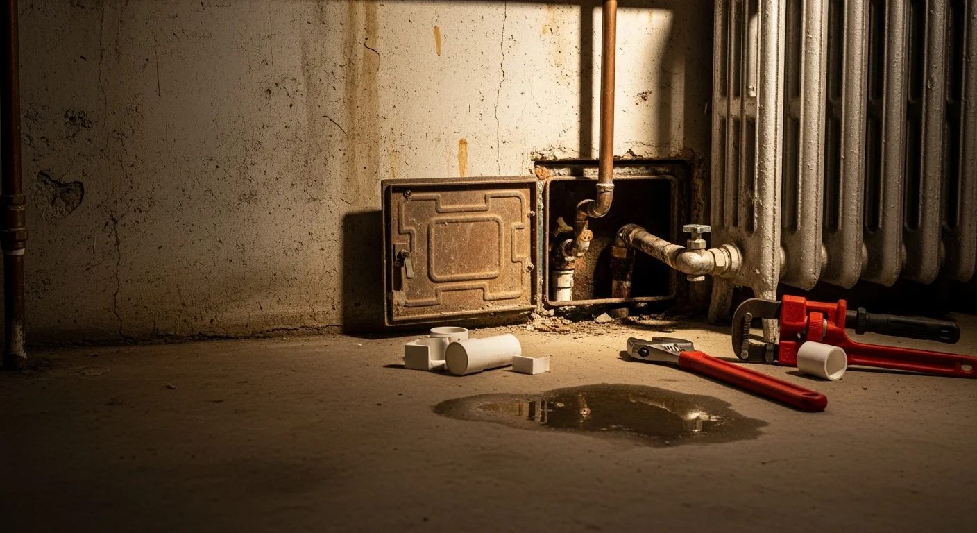 A licensed plumber repairing a leaking pipe fitting beneath a kitchen sink in an older Manchester, NH home. Tools and replacement fittings are visible on the work surface nearby.