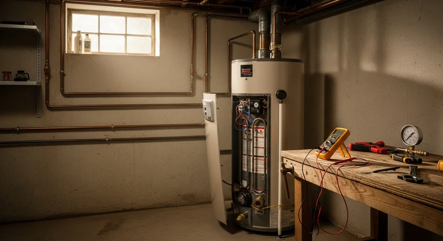 A licensed DoneRight plumber inspecting a residential water heater in a Manchester, NH basement, checking the tank connections and pressure relief valve. The utility space shows typical older New England home construction with exposed pipes and a concrete foundation.